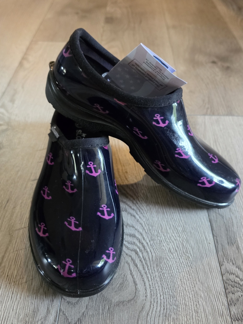 Sloggers Black Waterproof Slip-On Rain Clogs with Pink Anchor Print - Picture 5 of 9